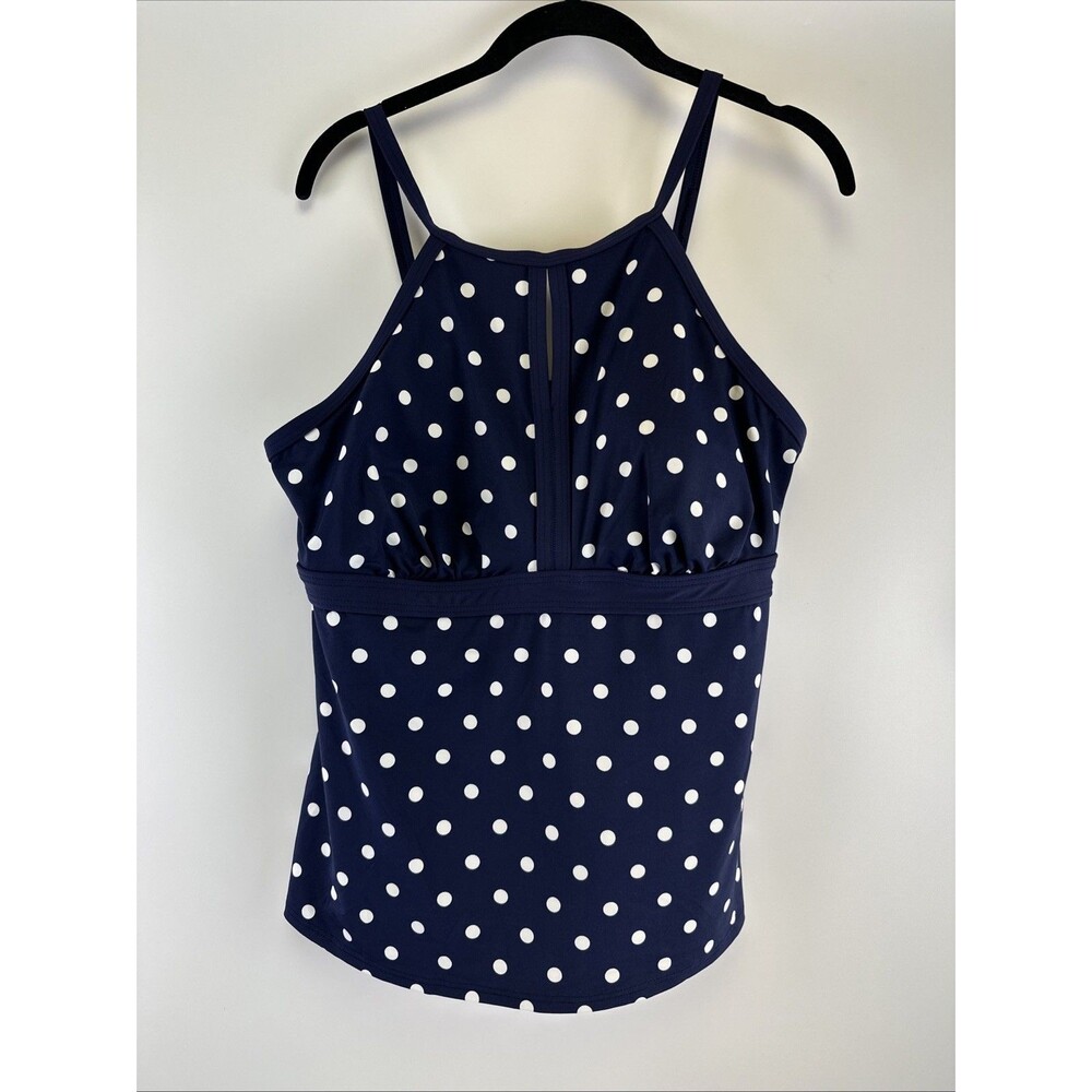 Lands End Polkadot Tankini Top Navy Keyhole High Neck Adjustable Straps Women 14